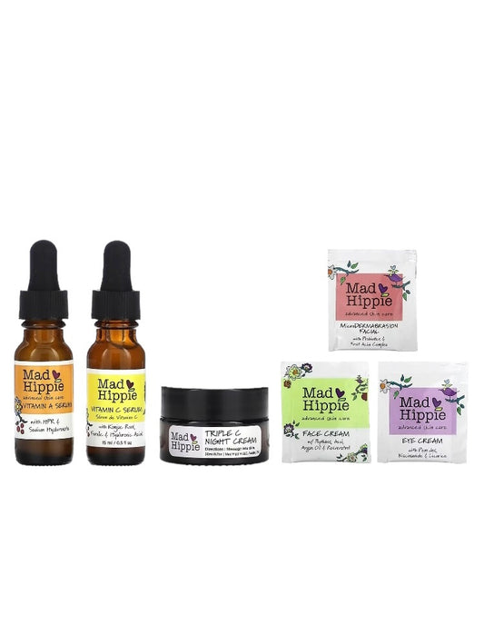 Mad Hippie, kit minis en bolsa de vacaciones que incluye serum vitamina A 15 ml, serum vitamina C 15 ml, crema facial de noche triple C, 20 gr y 3 muestras de cremas faciales en sachet