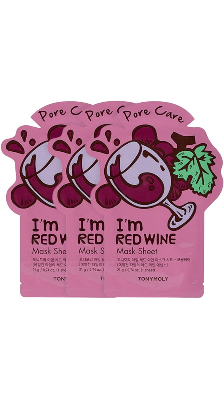 Tonymoly, Kit I’m red wine de 3 mascarillas  de tela de 21 g c/u + 1 mascarilla en crema de vino tinto de 100 ml.