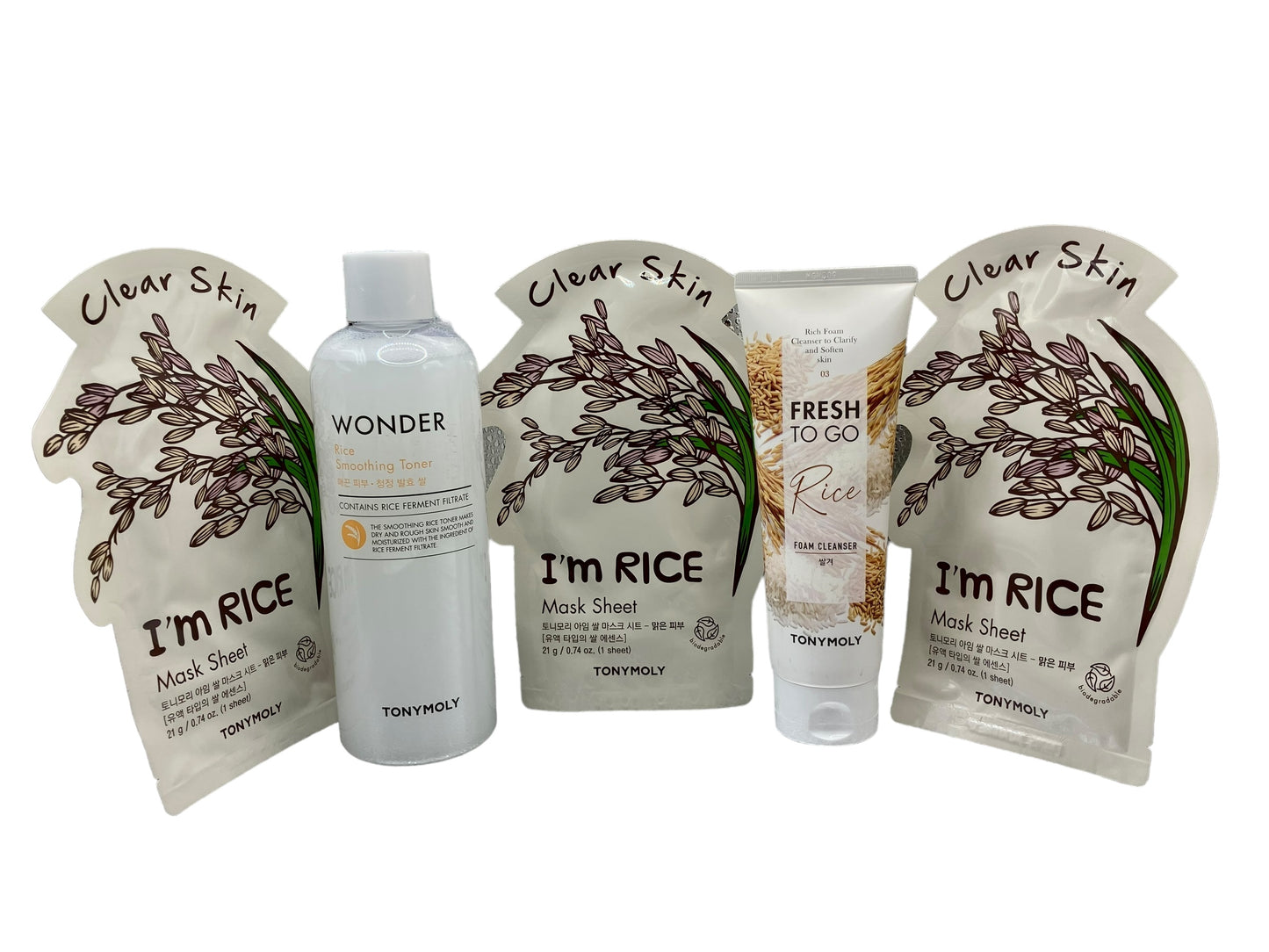 Tonymoly, kit de espuma de limpieza Fresh to go arroz 170 gr+ tónico facial Wonder arroz  500ml+ 3 mascarillas de tela de  arroz