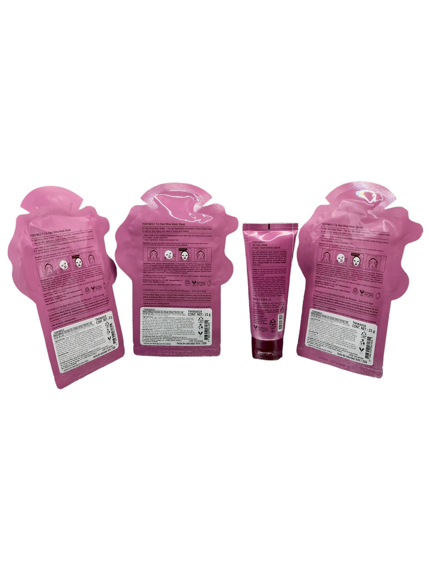 Tonymoly, Kit I’m red wine de 3 mascarillas  de tela de 21 g c/u + 1 mascarilla en crema de vino tinto de 100 ml.