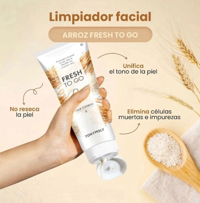 Tonymoly, kit de espuma de limpieza Fresh to go arroz 170 gr+ tónico facial Wonder arroz  500ml+ 3 mascarillas de tela de  arroz