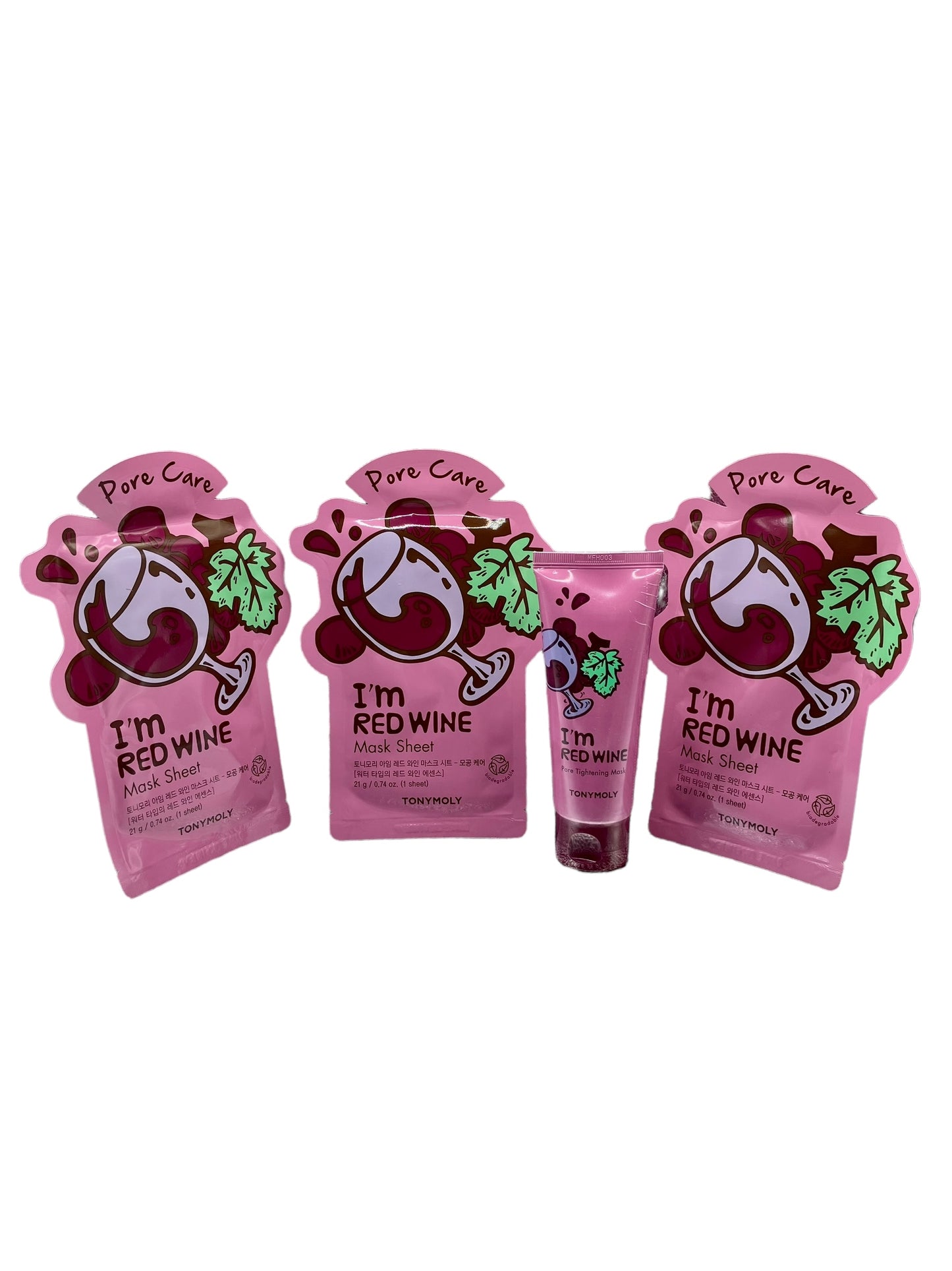 Tonymoly, Kit I’m red wine de 3 mascarillas  de tela de 21 g c/u + 1 mascarilla en crema de vino tinto de 100 ml.