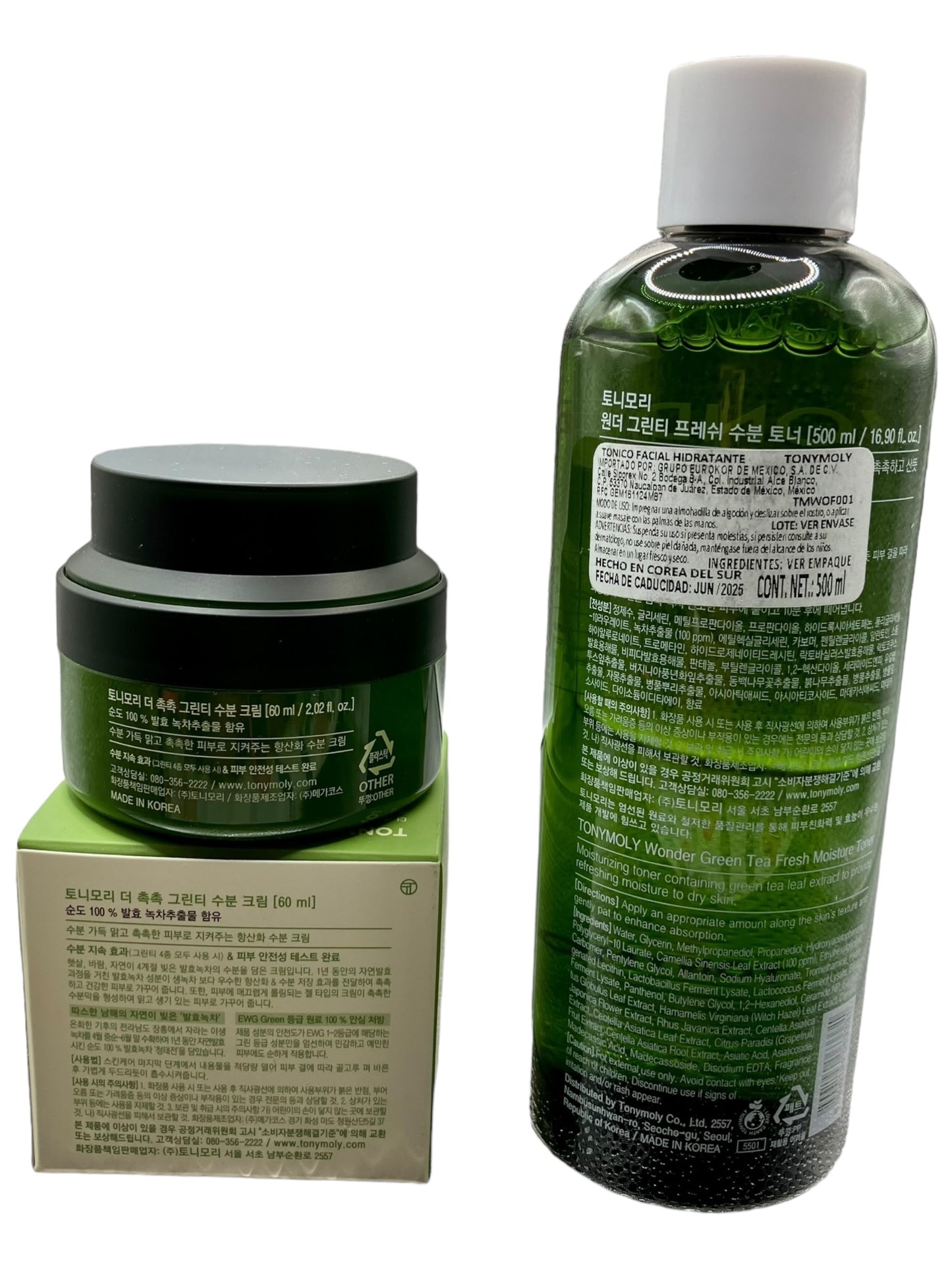 Tonymoly, kit The Chok Chok - Green Tea crema hidratante 60 ml + Tonico hidratante té verde 500ml