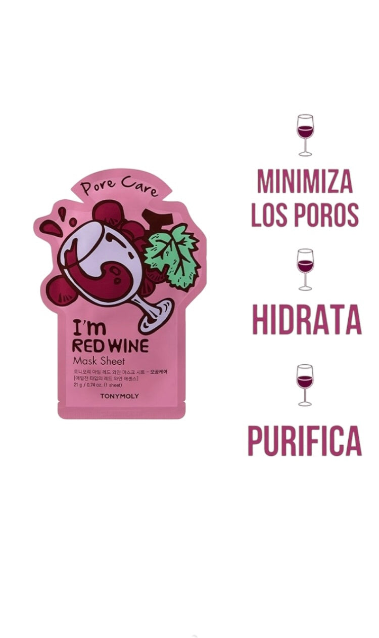 Tonymoly, Kit I’m red wine de 3 mascarillas  de tela de 21 g c/u + 1 mascarilla en crema de vino tinto de 100 ml.