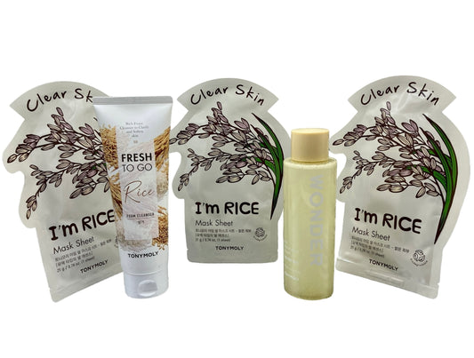 Tonymoly, kit de espuma de limpieza Fresh to go Rice 170gr+ tónico facial Wonder Rice 200 ml + 3 mascarillas de tela I'm rice