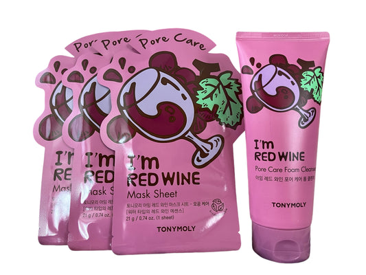 Tonymoly, Kit I’m red wine de 3 mascarillas  de tela de 21 g c/u + 1 espuma limpiadora facial de vino tinto de 180 ml.